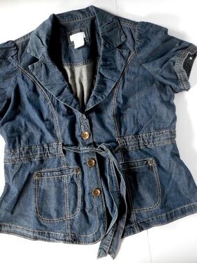 Maurices Blue Denim Womens 22 Plus Jean Jacket Cotton Belted Short Sleeve Collar
